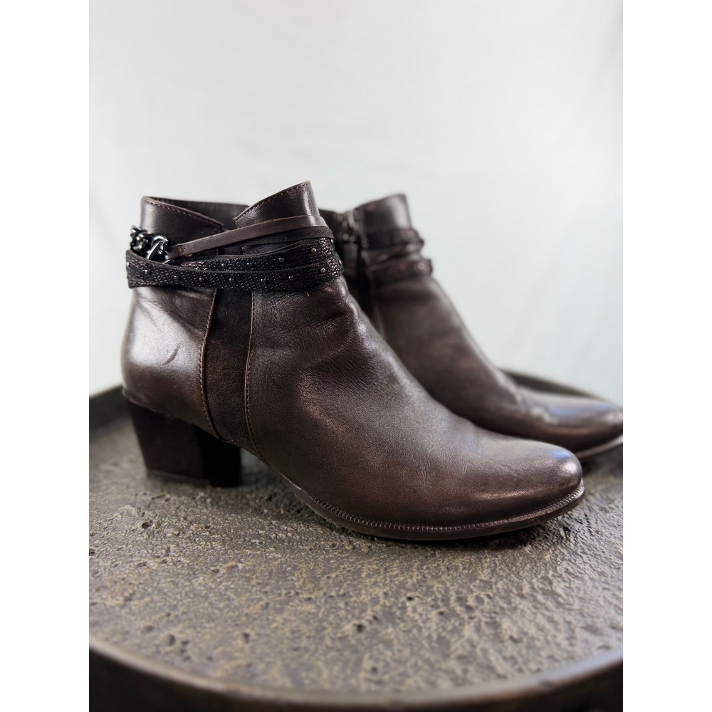 Spring Step Brown Leather Western Ankle Boots Chain Detail Block Heel Size 40